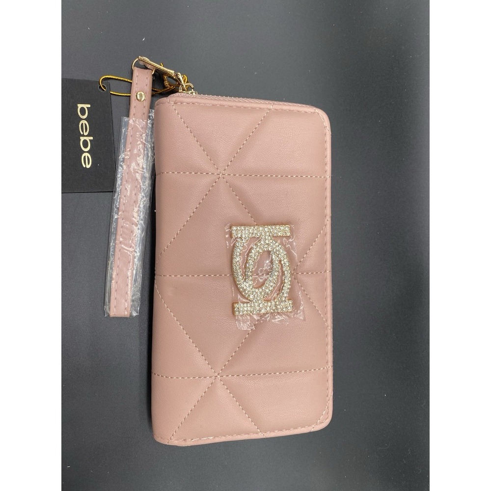 NWT Bebe Zaza Zip Around Wallet Blush Wristlet Rhinestones